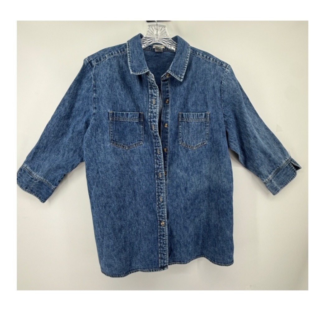 Cherokee Brand Denim Shirt Womens Large Blue 3/4 Sleeve Button Down Cotton Top